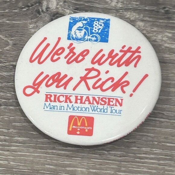 Rick Hansen Man In Motion World Tour 85' 87' McDonalds Vintage Button - Picture 1 of 5